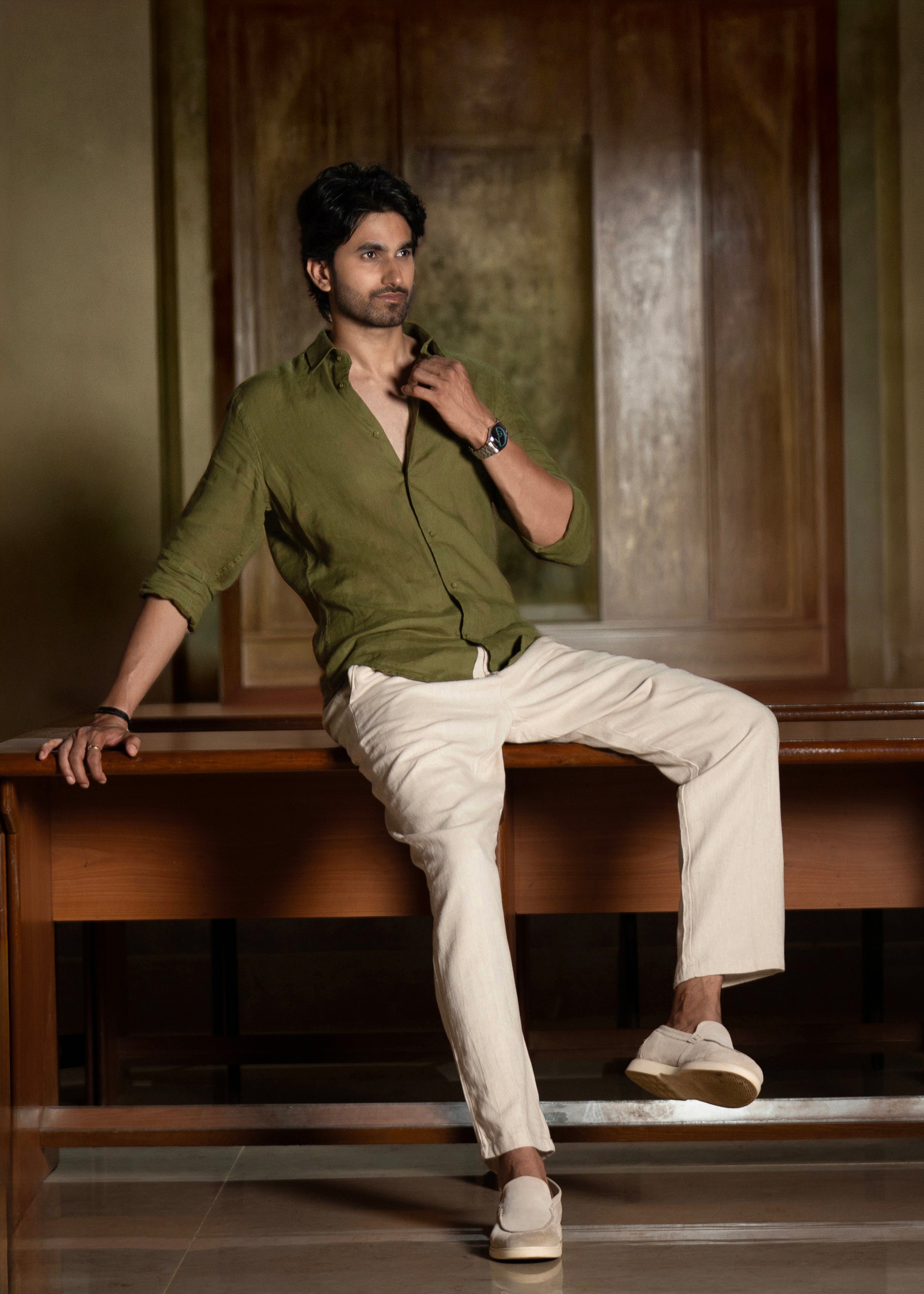 Olive Green Linen Shirt